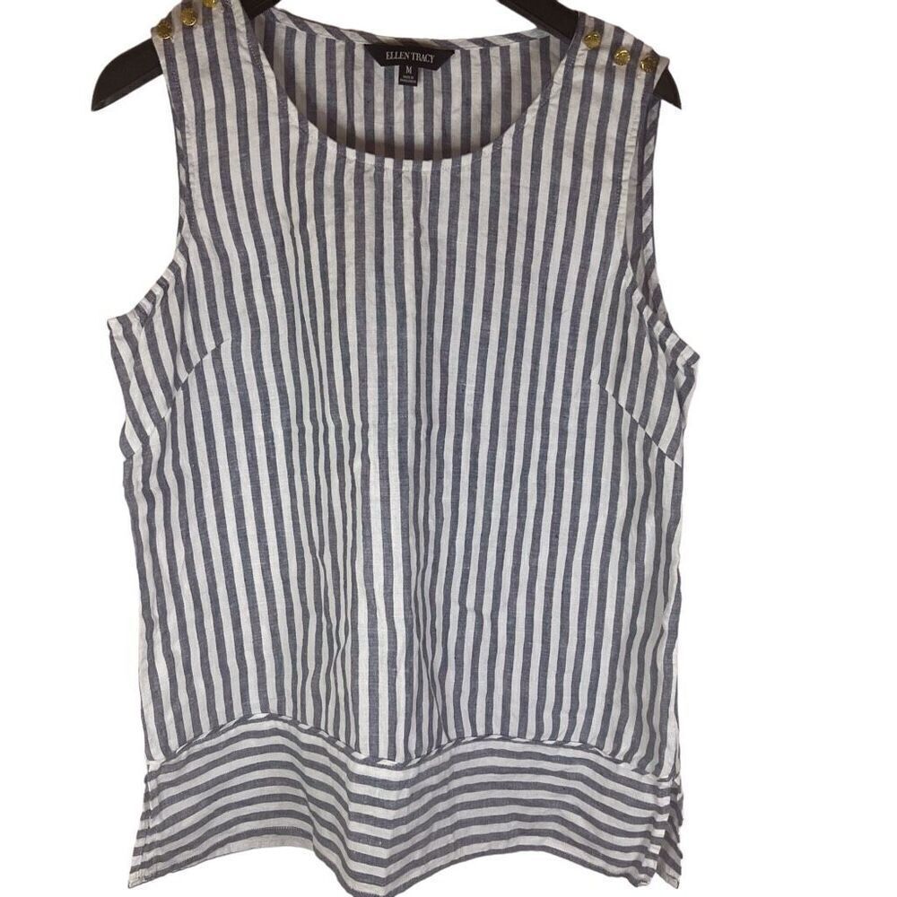 Ellen Tracy Womens Sleeveless Striped Button‎ Linen Nautical Top Size Medium